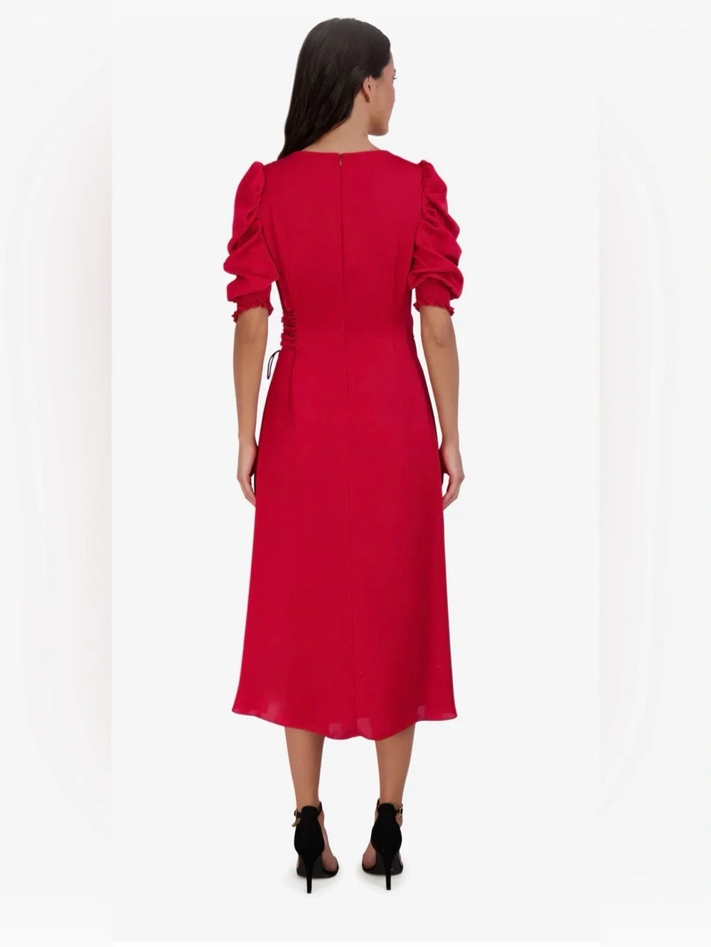 julia jordan Red Wrap Midi Dress with Puff Sleeves